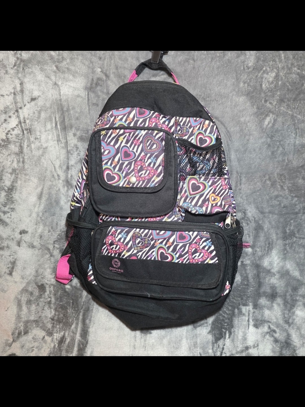 Oxford Black and Pink Heart Print Backpack